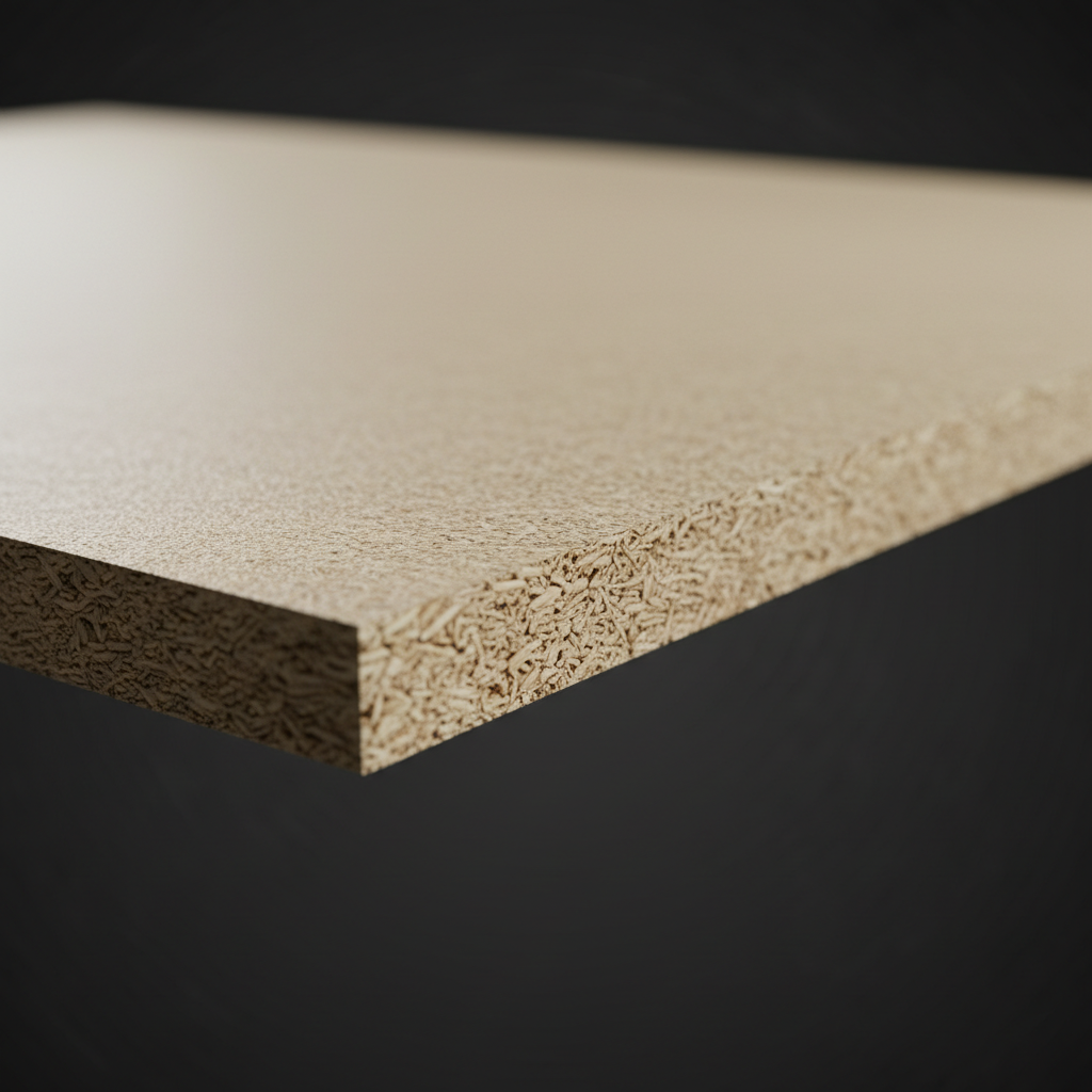 A close-up macro view of the surface and edge of a Nexa bagasse-based particle board, highlighting the finely milled texture of the outer layer and the compact, uniform fiber structure within. The board is positioned diagonally across a dark charcoal background, creating strong visual contrast. A narrow beam of soft side lighting grazes the surface from the left, accentuating micro-textures, subtle color variations, and the clean, sanded finish. The background falls into deep blur, producing a rich bokeh that keeps all attention on the material. Shot with extreme sharpness on the leading edge and gentle falloff toward the back, the photographic realism and technical composition communicate quality, durability, and meticulous manufacturing detail.