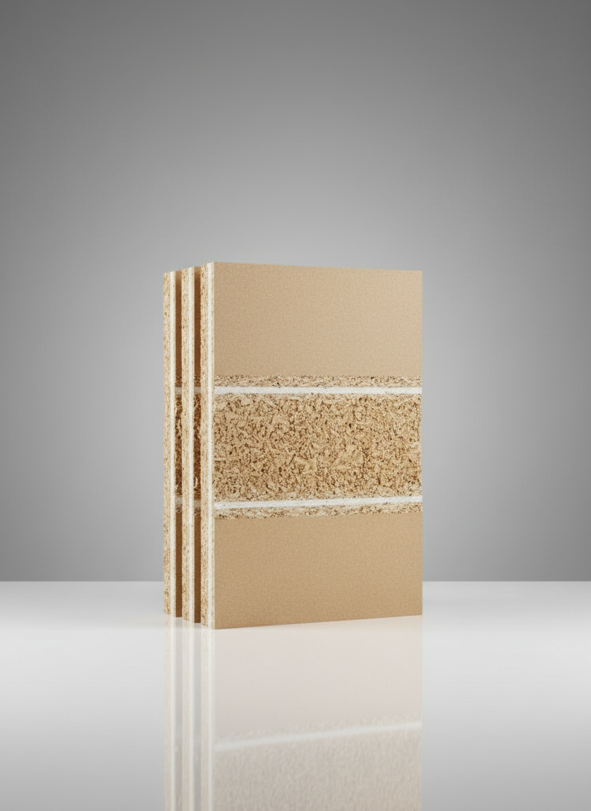 A single Nexa four-layer particle board sample standing upright on a reflective white studio surface, its cross-section cleanly machined to reveal the distinct internal layering of compressed bagasse fibers. Each layer shows a different density and texture, from fine, tightly packed core to smoother outer faces ready for lamination. Neutral gray seamless backdrop curves gently upward, eliminating visual distractions. Soft studio lighting from both sides and a subtle overhead fill create even illumination, crisp edge definition, and a faint reflection beneath the board. Captured in a centered composition with moderate depth of field, the image feels clinical, precise, and highly technical, ideal for showcasing product engineering and material innovation in a professional, photographic style.