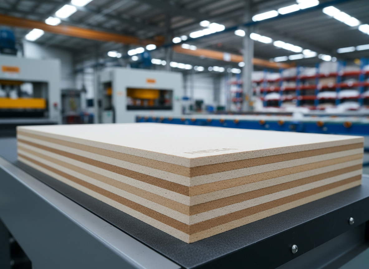 A stack of premium Nexa bagasse-based particle boards, edges perfectly aligned, revealing the distinct four-layer structure in subtle tonal variations of warm beige and light brown. The boards rest on a clean, matte gray industrial platform inside a modern manufacturing hall, with blurred machinery and storage racks in the distant background. Cool, diffused overhead factory lighting creates precise highlights along the smooth surfaces and crisp edges, emphasizing dimensional stability and thickness. Shot at eye level with a slight three-quarter angle and shallow depth of field, the front board is in razor-sharp focus while the background softly recedes. The photographic realism and clean, professional aesthetic convey innovation, reliability, and advanced engineering.