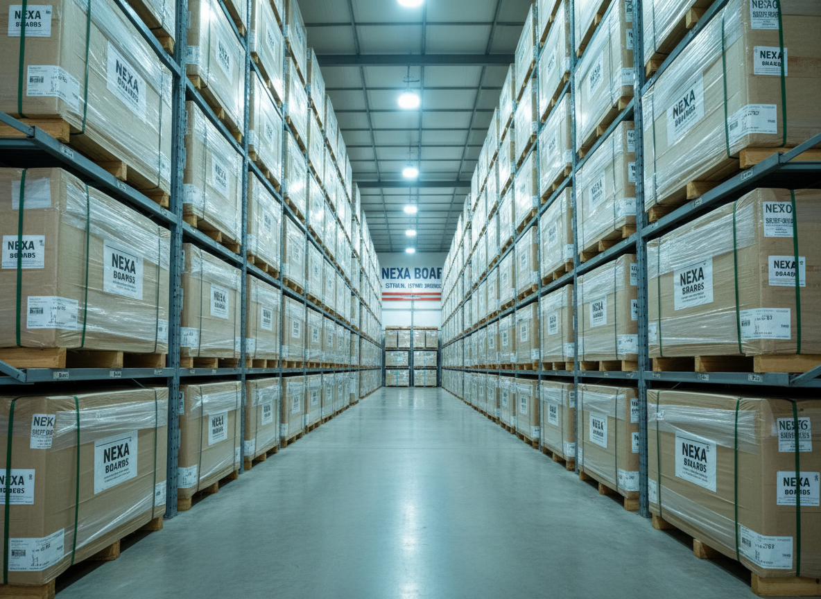 An organized warehouse aisle dedicated to Nexa boards, with tall industrial racks neatly stacked with uniformly wrapped bagasse-based particle board pallets, all labeled and aligned. The central aisle stretches into the distance, polished concrete floor subtly reflecting the lower edges of the pallets. Cool white LED high-bay lights cast even, shadow-free illumination, giving the space a clean, efficient, and highly professional atmosphere. Captured from a slightly low, centered perspective that emphasizes depth and scale, the image maintains sharp focus from foreground to background. The overall photographic style is modern and realistic, conveying large-scale capacity, systematic inventory management, and the reliability of an established manufacturing operation in Sitapur, Uttar Pradesh.